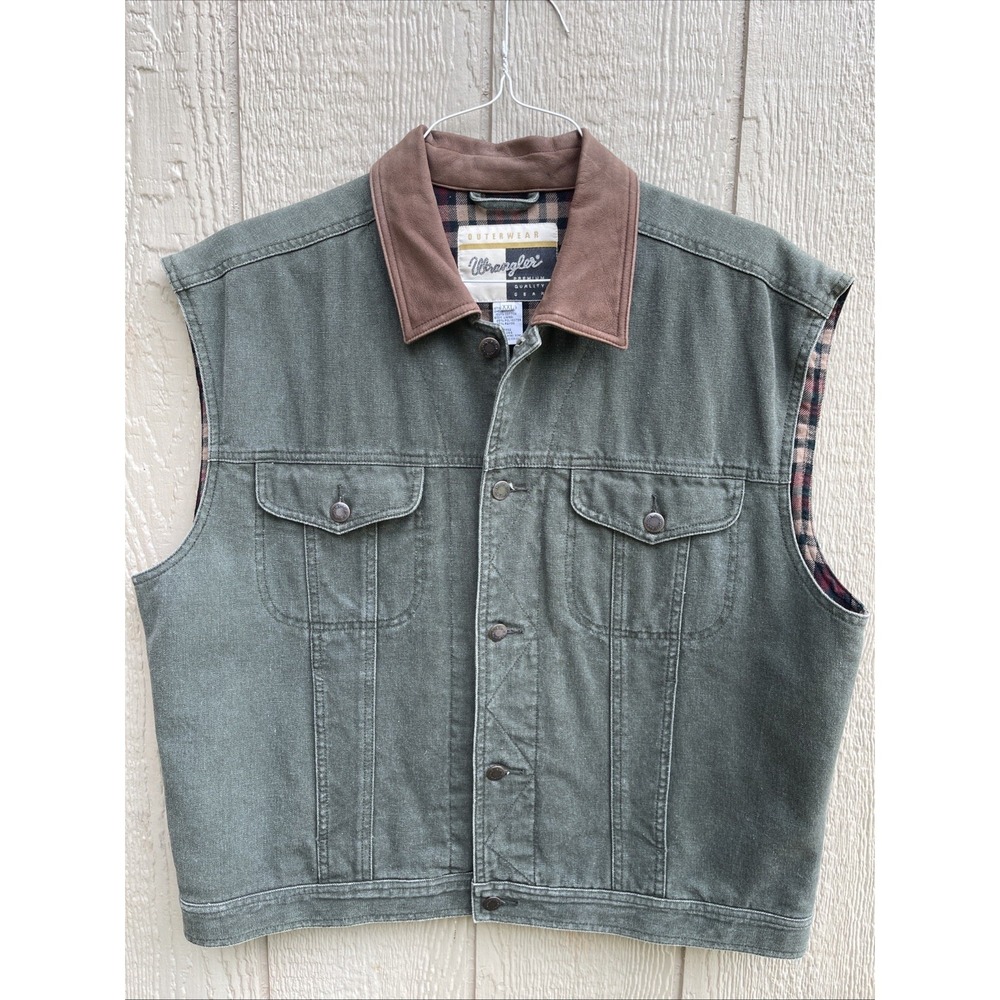 Vintage Wrangler Canvas Vest XXL Green Plaid Lined Workwear Ranch Western Cotton